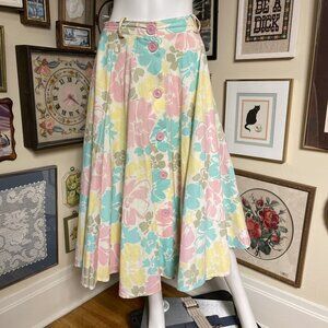 80s Vintage C&A 100% Cotton Pastel Floral High-Waisted A-Line Skirt Size M